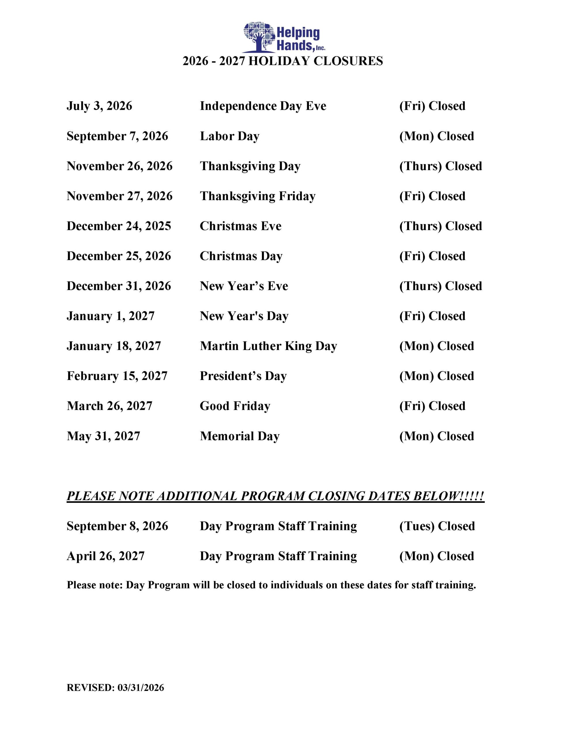 2026 - 2027 Holiday Calendar